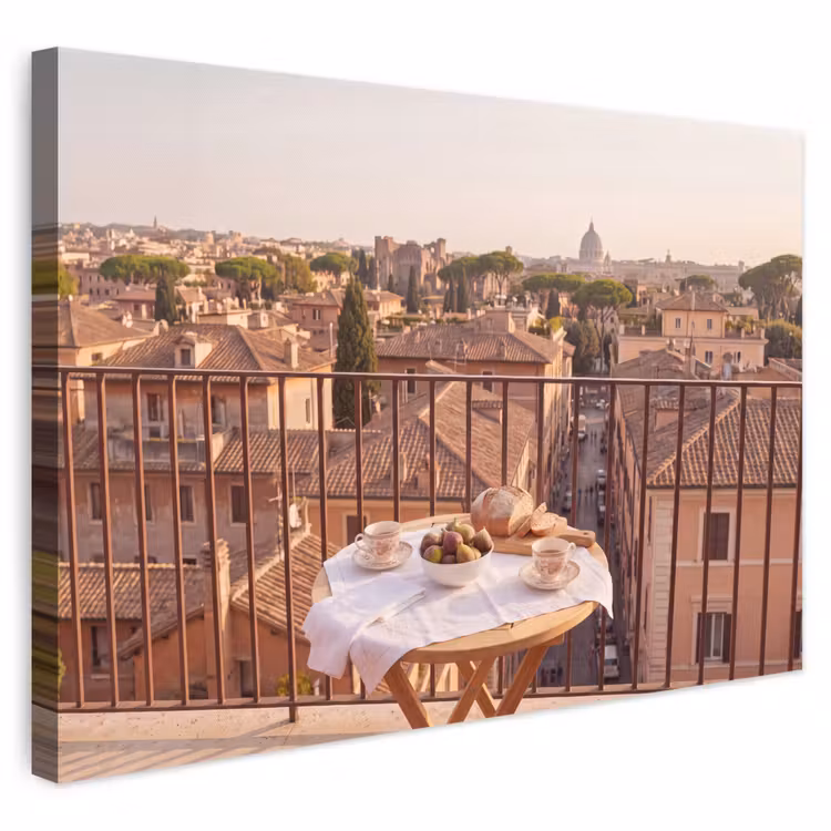 Eten - Ontbijt - Balkon - Stad - Zonsopgang canvas 2cm klein -3d