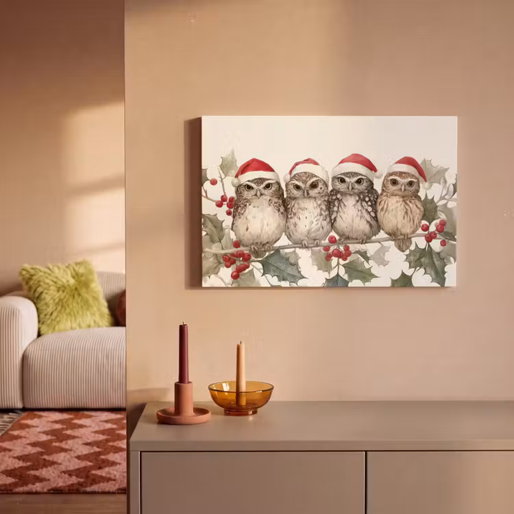 Uilen - Tak - Hulstblaadjes - Kerstmuts canvas 2cm klein -sfeer1
