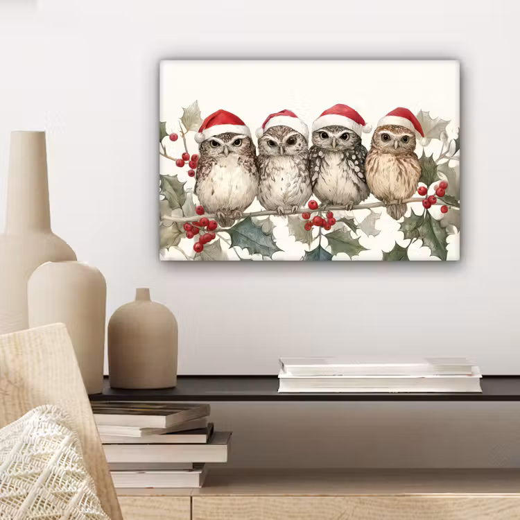 Uilen - Tak - Hulstblaadjes - Kerstmuts canvas 2cm klein -sfeer6
