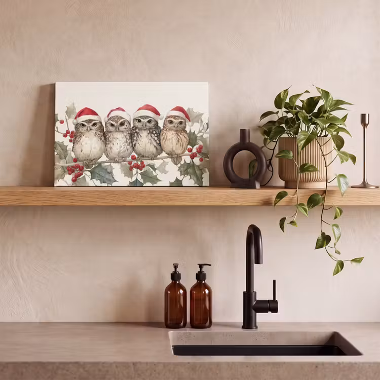 Uilen - Tak - Hulstblaadjes - Kerstmuts canvas 2cm klein -closeup_print_DE