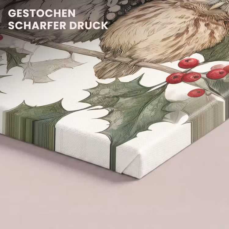 Uilen - Tak - Hulstblaadjes - Kerstmuts canvas 2cm klein -uniquesellingpoint_afwerking-onlywow_DE