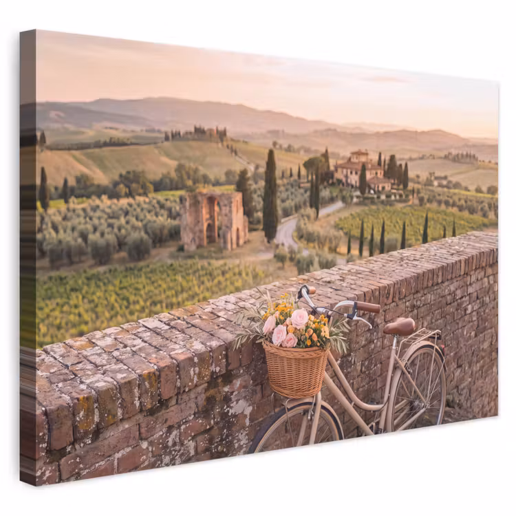 Fiets - Bloemen - Toscane - Landschap - Roze canvas 2cm klein -3d