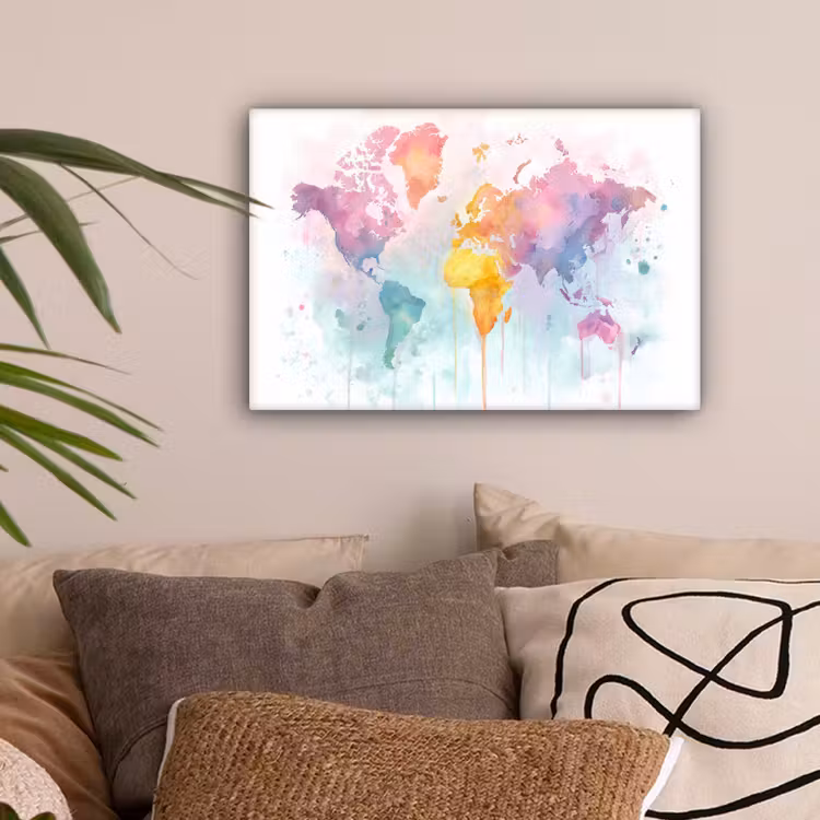 Verf - Pastelkleuren - Wereldkart canvas 2cm klein -sfeer1