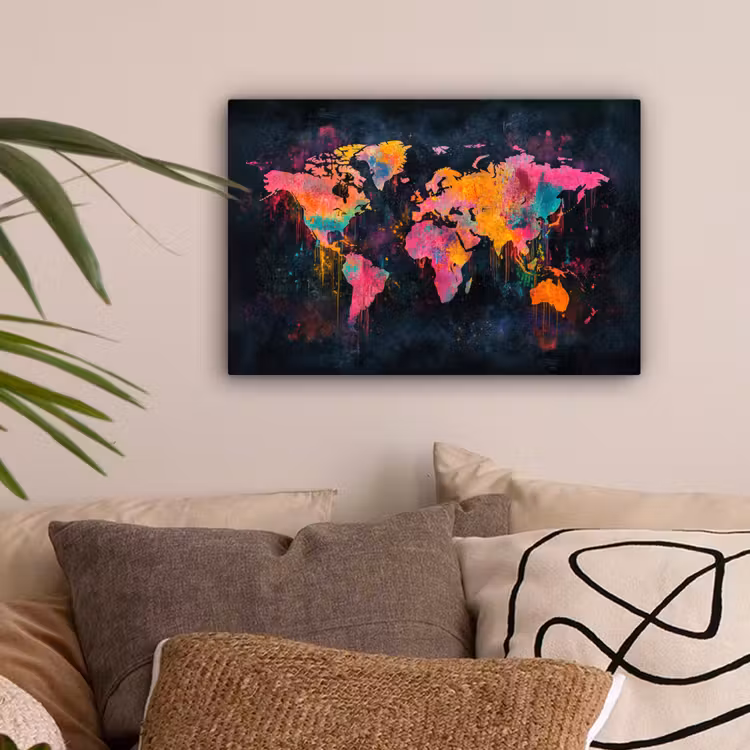 Verf - Wereldkaart - Kleur canvas 2cm klein -sfeer1