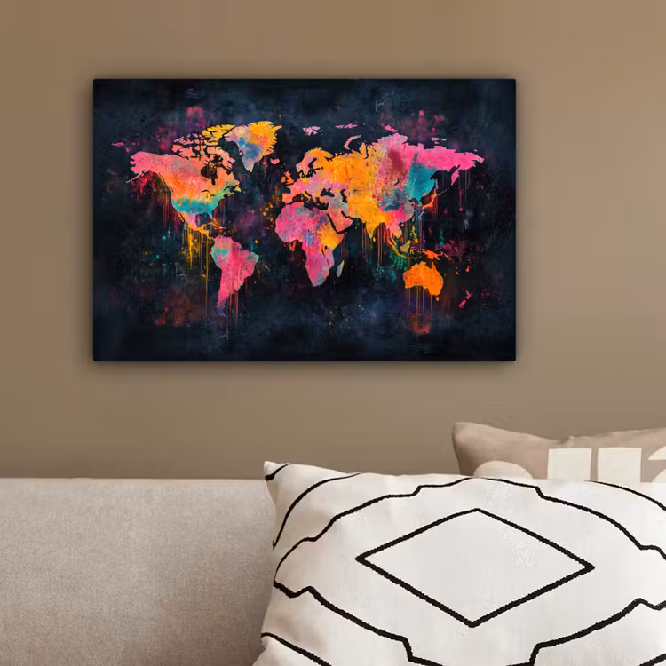 Verf - Wereldkaart - Kleur canvas 2cm klein -sfeer3