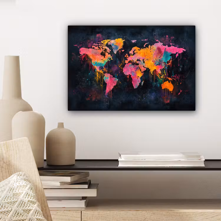 Verf - Wereldkaart - Kleur canvas 2cm klein -sfeer6