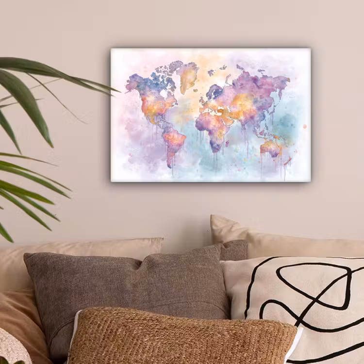 Verf - Wereldkaart - Druppels - Paars canvas 2cm klein -sfeer1