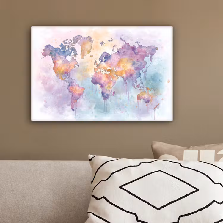 Verf - Wereldkaart - Druppels - Paars canvas 2cm klein -sfeer3