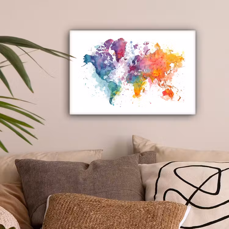 Verfvlekken - Druppels - Wereldkaart - Kleurrijk canvas 2cm klein -sfeer1