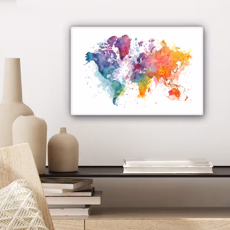 Verfvlekken - Druppels - Wereldkaart - Kleurrijk canvas 2cm klein -sfeer6