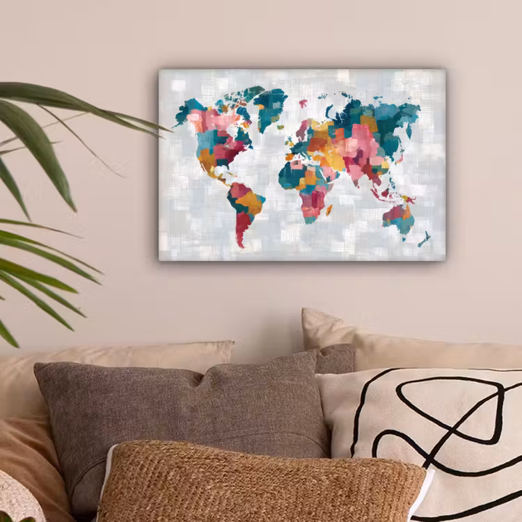 Kleurvakken - Wereldkaart - Texturen - Roze canvas 2cm klein -sfeer1