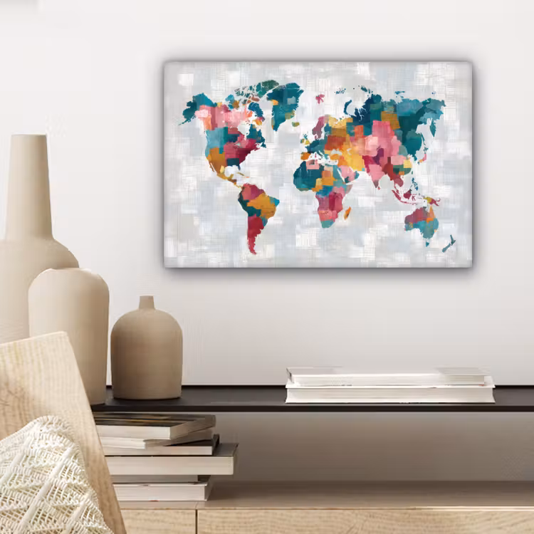 Kleurvakken - Wereldkaart - Texturen - Roze canvas 2cm klein -sfeer6
