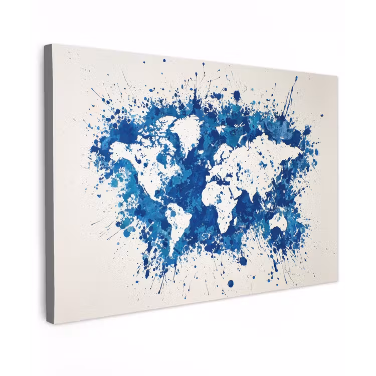 Verfspatten - Blauw - Wereldkaart canvas 2cm klein -z3d
