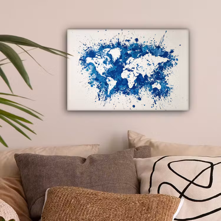 Verfspatten - Blauw - Wereldkaart canvas 2cm klein -sfeer1