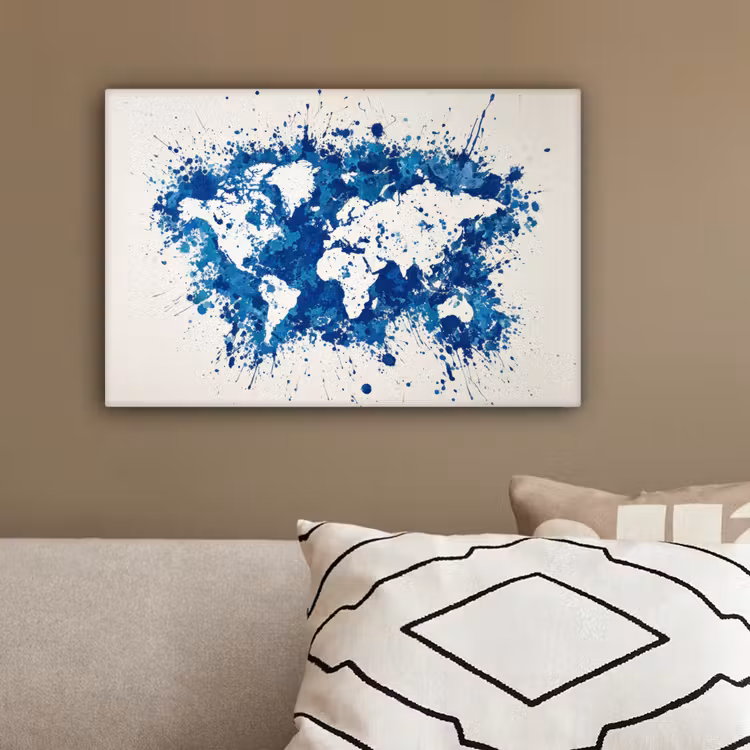 Verfspatten - Blauw - Wereldkaart canvas 2cm klein -sfeer3