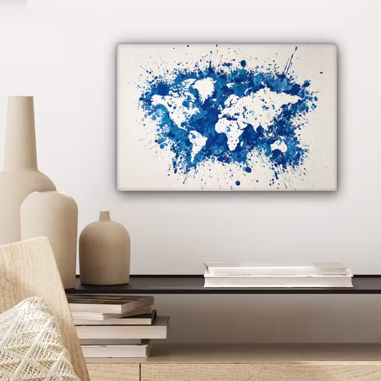 Verfspatten - Blauw - Wereldkaart canvas 2cm klein -sfeer6