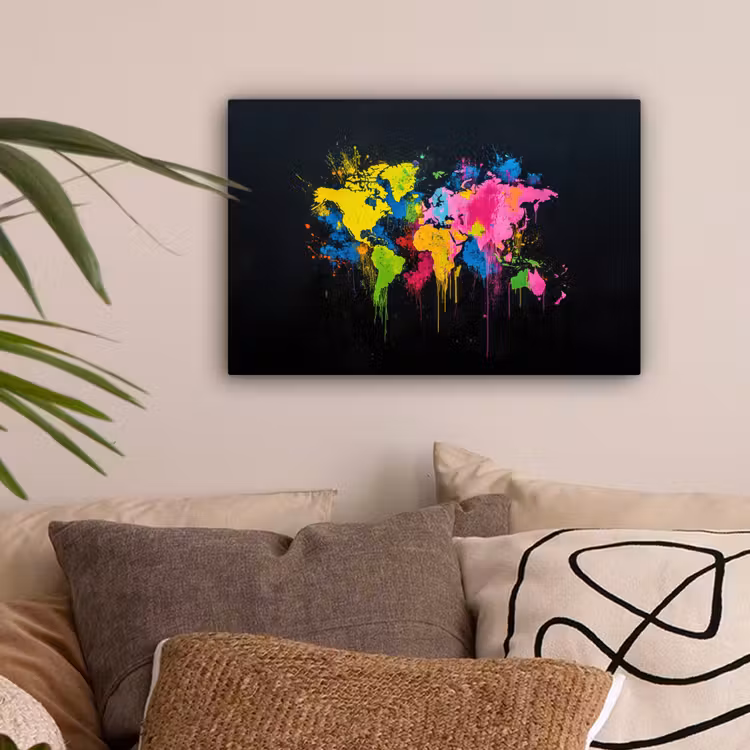 Verfspatten - Explosie - Kleurrijk - Wereldkaart canvas 2cm klein -sfeer1