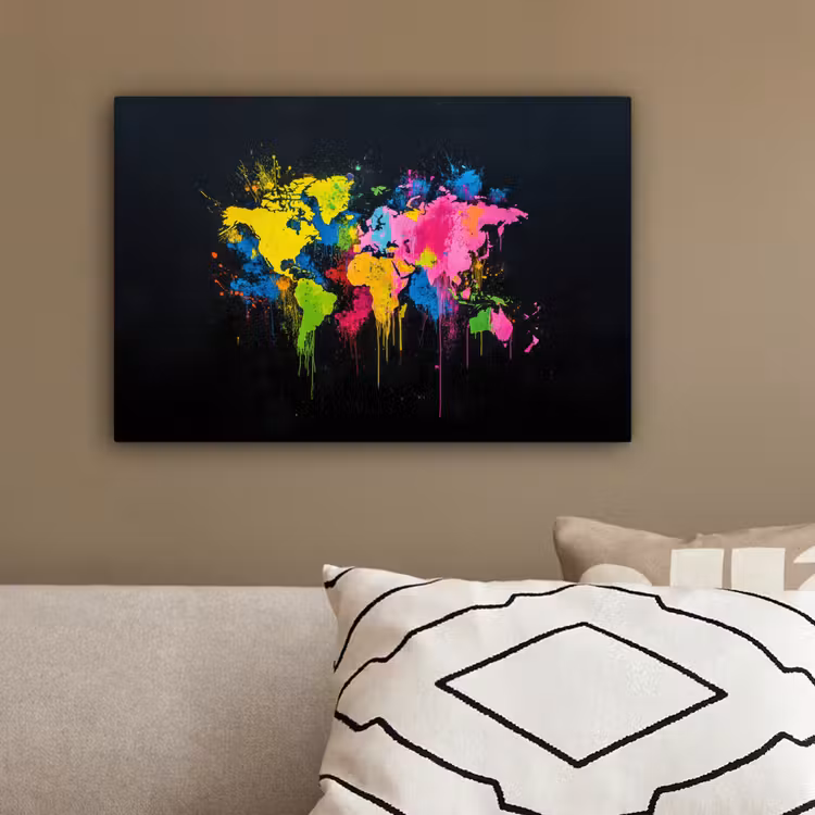 Verfspatten - Explosie - Kleurrijk - Wereldkaart canvas 2cm klein -sfeer3