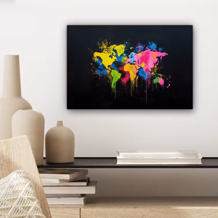 Verfspatten - Explosie - Kleurrijk - Wereldkaart canvas 2cm klein -sfeer6