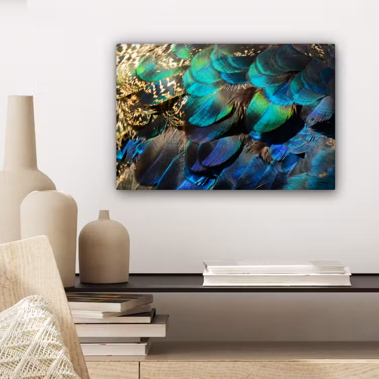 Veren - Pauwveren - Pauw - Blauw - Kunst canvas 2cm klein -sfeer6