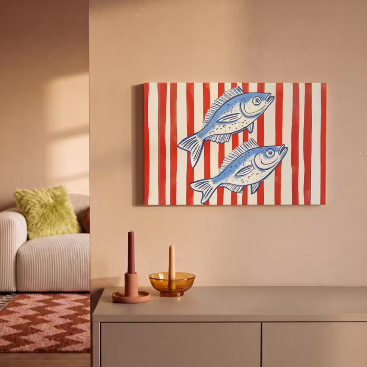 Vissen - Verticale strepen - Blauw - Rood canvas 2cm klein -sfeer1