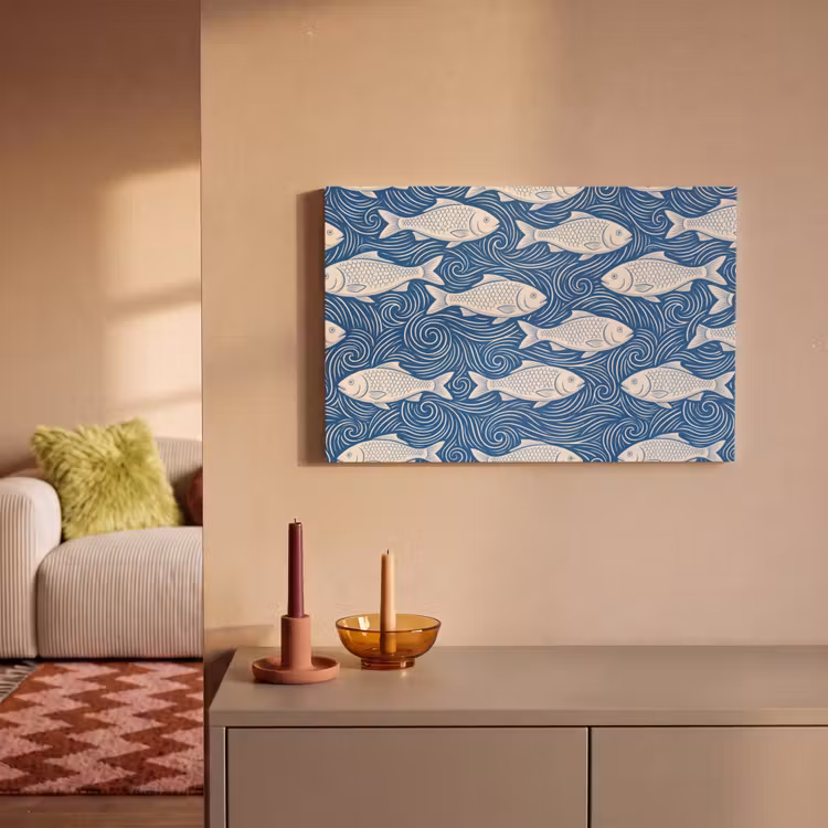Vis - Water - Patroon - Grafisch - Blauw canvas 2cm klein -sfeer1