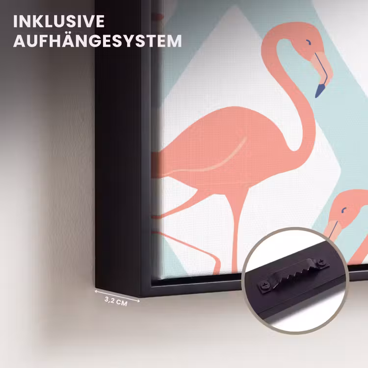 Flamingo - Mintgroen - Ruit Canvas met baklijst klein 1124 -closeup_ophangsysteem_DE