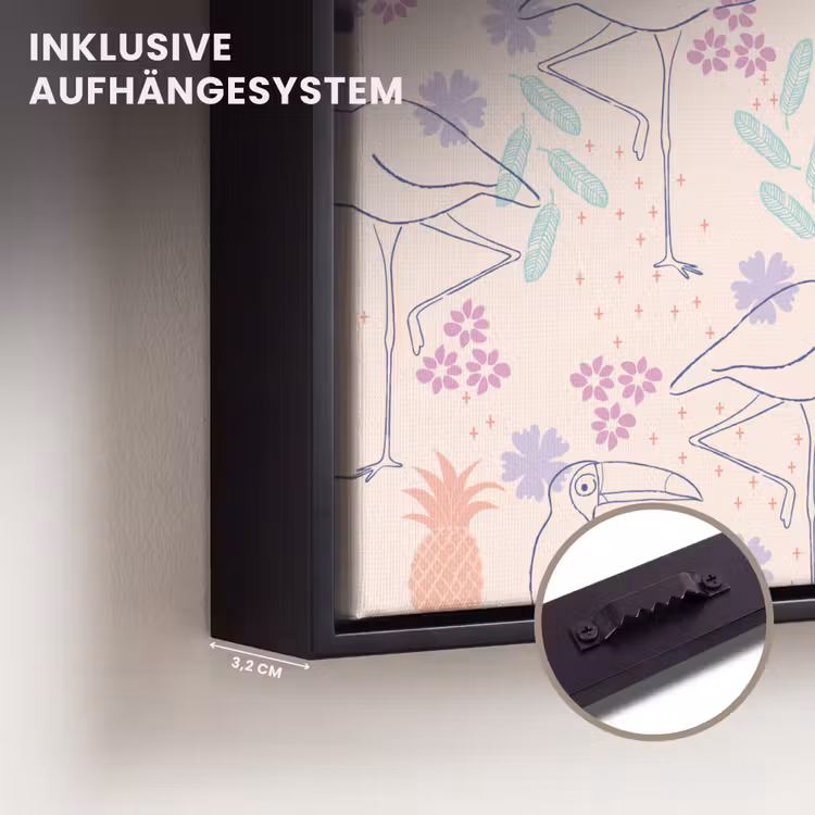 Flamingo - Toekan - Tropisch - Patroon Canvas met baklijst klein 1124 -closeup_ophangsysteem_DE