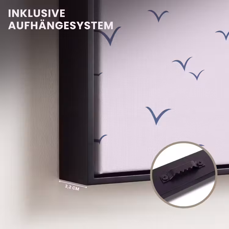 Lila - Vogels - Blauw Canvas met baklijst klein 1124 -closeup_ophangsysteem_DE