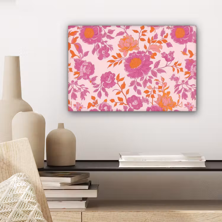 Bloemenpatroon - Roze - Oranje - Bloemen canvas 2cm klein -sfeer6