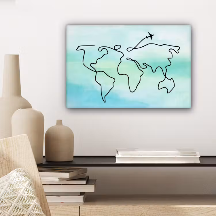 Vliegtuig - Aquarel - Lijn - Wereldkaart canvas 2cm klein -sfeer6