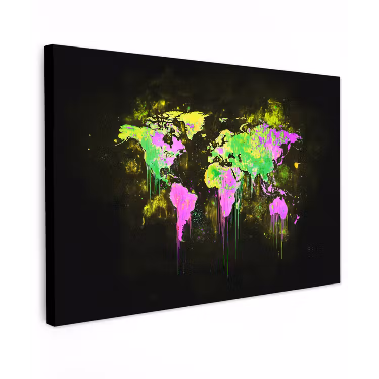 Fluorescerend - Wereldkaart - Druipen - Verf canvas 2cm klein -z3d
