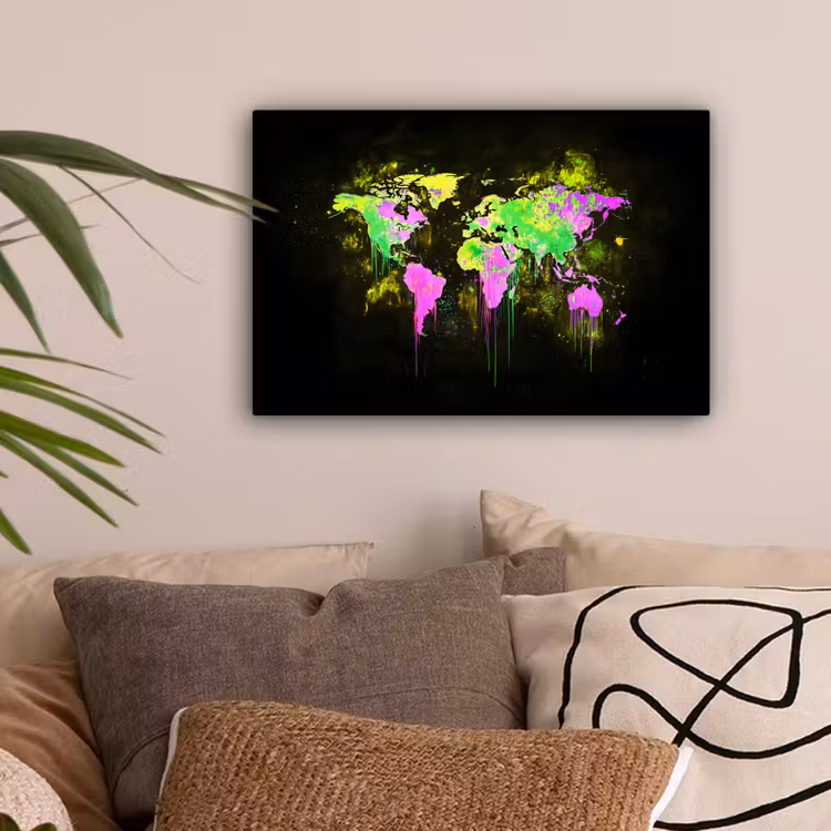 Fluorescerend - Wereldkaart - Druipen - Verf canvas 2cm klein -sfeer1
