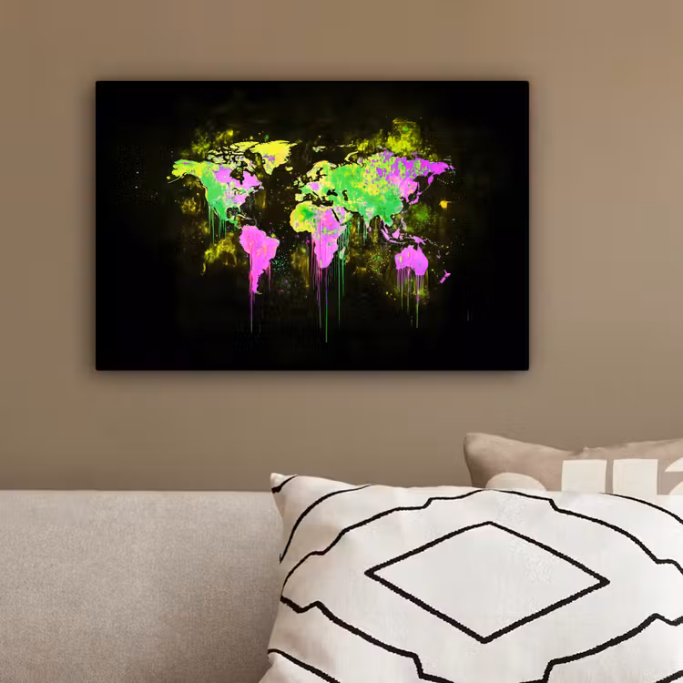 Fluorescerend - Wereldkaart - Druipen - Verf canvas 2cm klein -sfeer3