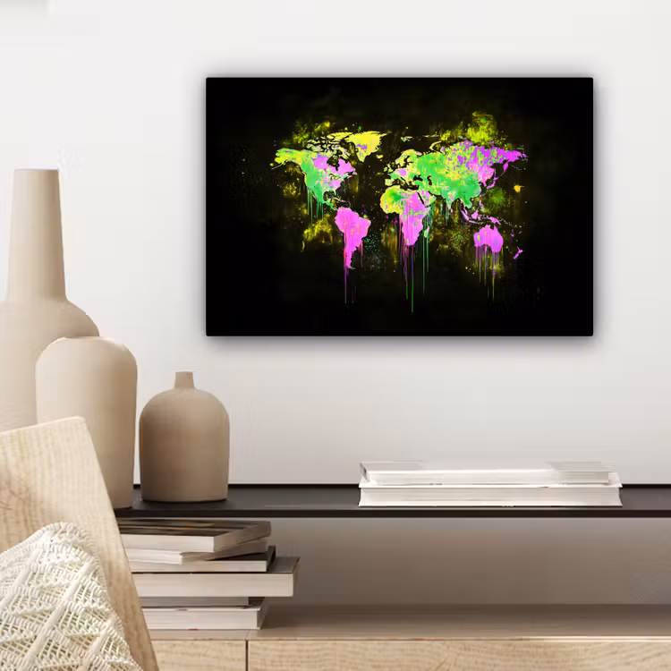Fluorescerend - Wereldkaart - Druipen - Verf canvas 2cm klein -sfeer6