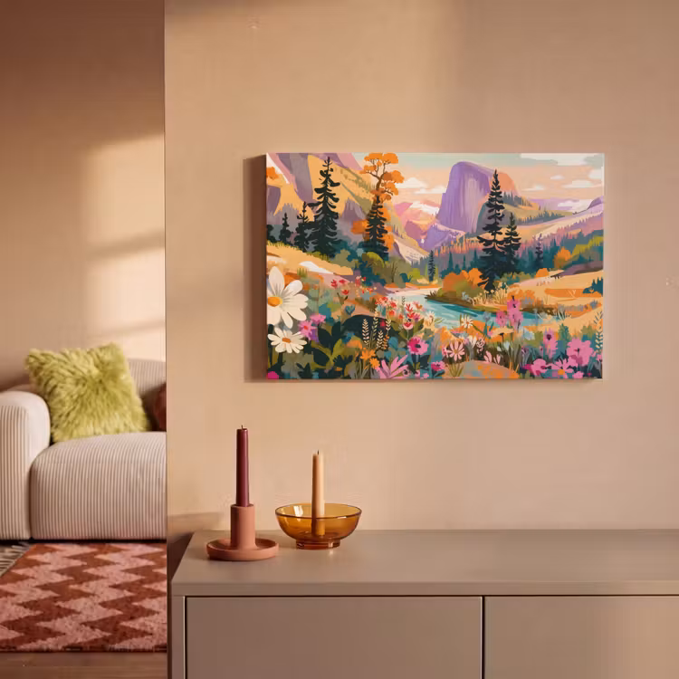 Rivier - Vallei vol bloemen - Levendig canvas 2cm klein -sfeer1