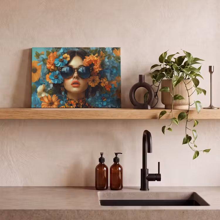 Vrouw - Bloemen - Oranje - Blauw - Modern canvas 2cm klein -sfeer6