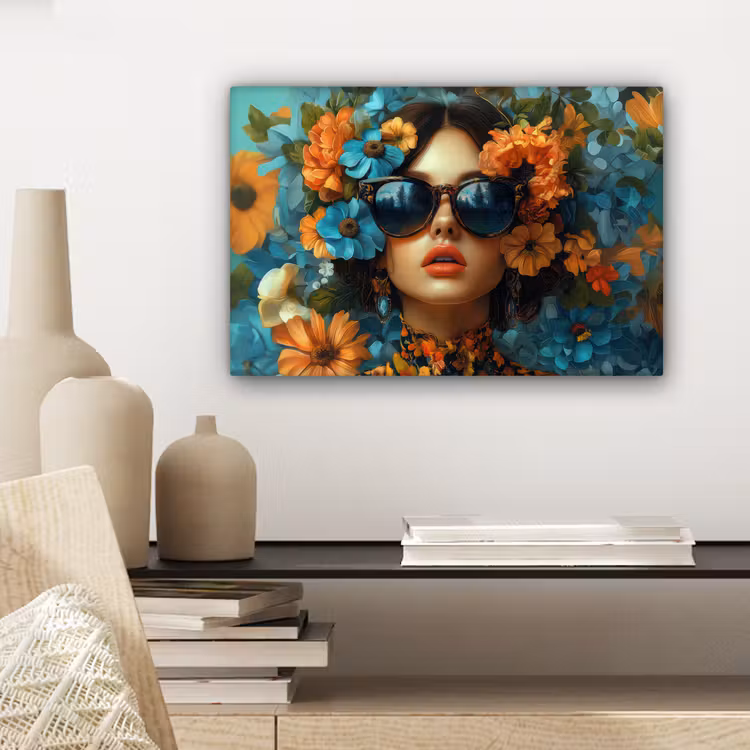 Vrouw - Bloemen - Oranje - Blauw - Modern canvas 2cm klein -closeup_print_DE