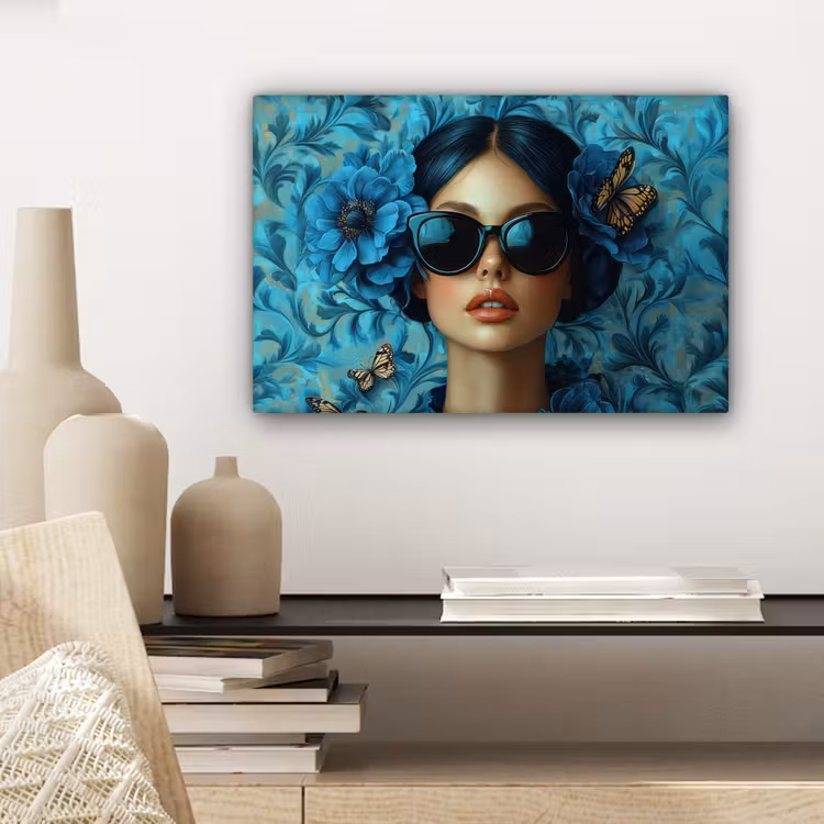 Vrouw - Bloemen - Vlinders - Blauw - Abstract canvas 2cm klein -sfeer6