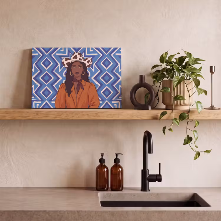 Vrouw - Cowboyhoed - Portret - Modern - Blauw canvas 2cm klein -sfeer3
