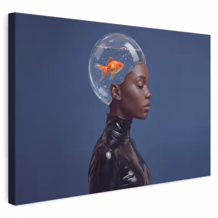 Vrouw - Goudvis - Hoofd - Abstract - Blauw canvas 2cm klein -3d