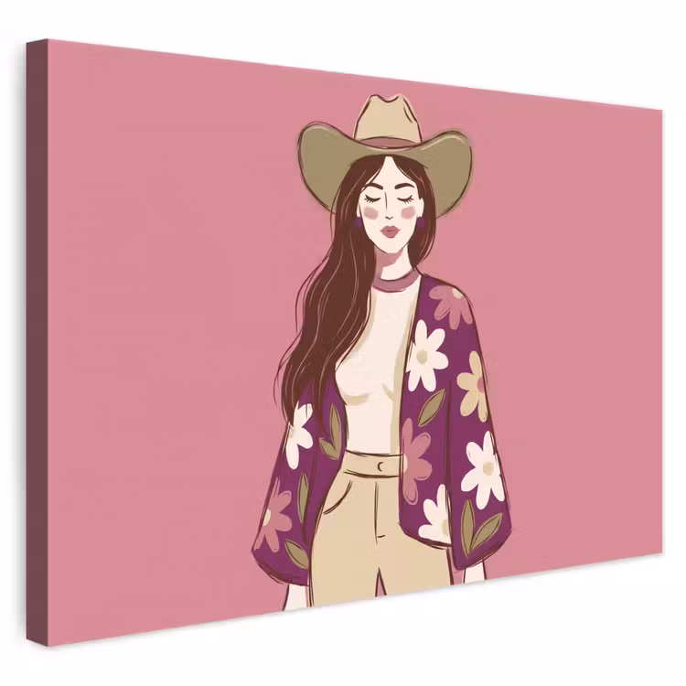 Vrouw - Hoed - Portret - Illustratie - Roze canvas 2cm klein -3d