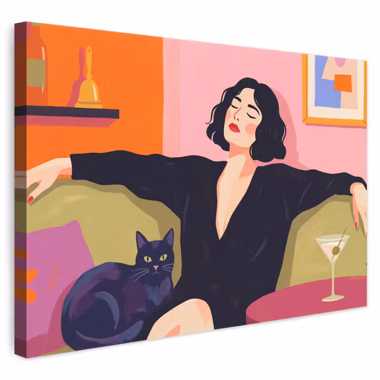 Vrouw - Kat - Interieur - Modern - Kleurrijk canvas 2cm klein -3d