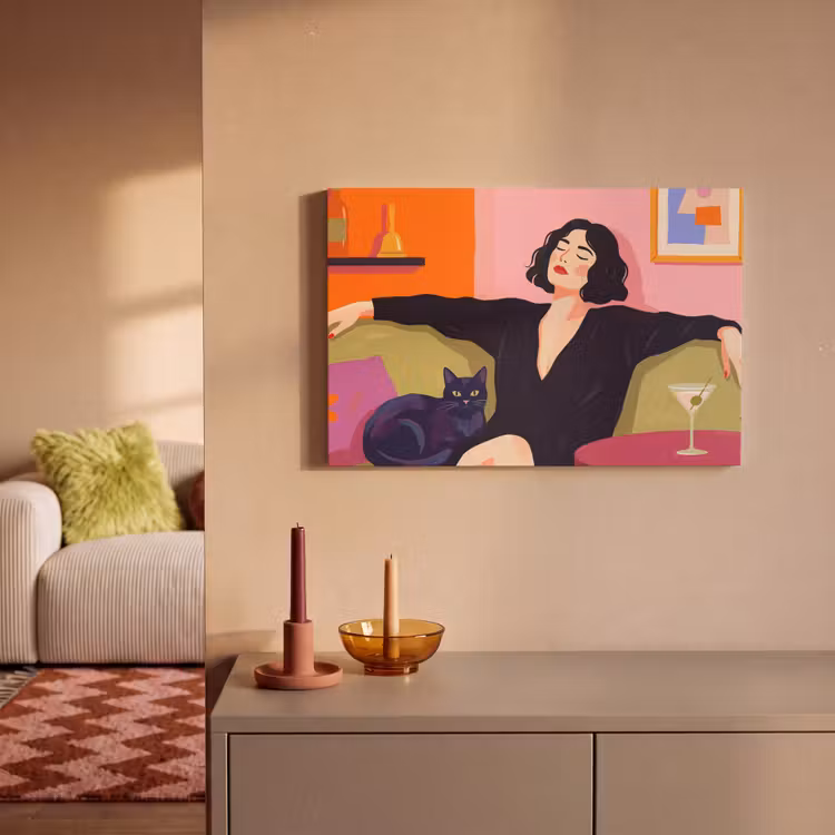 Vrouw - Kat - Interieur - Modern - Kleurrijk canvas 2cm klein -sfeer1