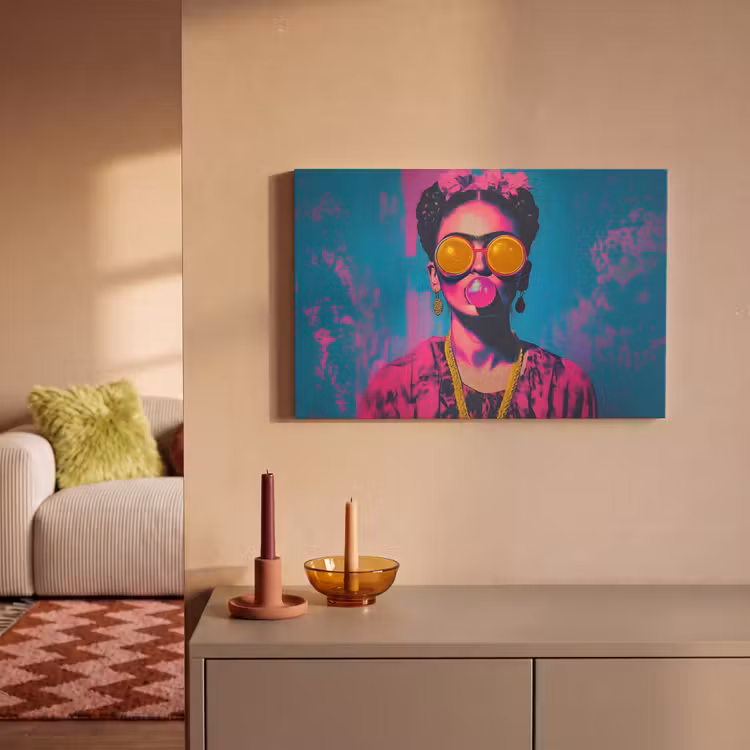 Vrouw - Kauwgom - Zonnebril - Oranje canvas 2cm klein -sfeer1