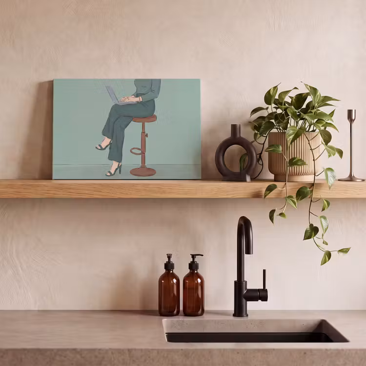 Vrouw - Laptop - Zittend - Illustratie - Groen canvas 2cm klein -sfeer3