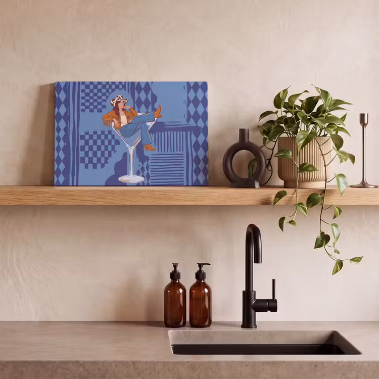 Vrouw - Martini glas - Abstract - Blauw - Kunst canvas 2cm klein -sfeer3
