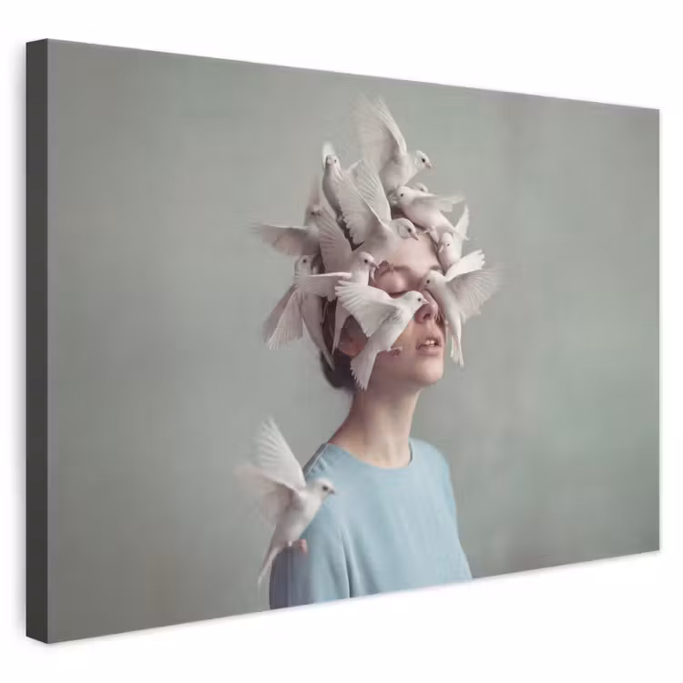 Vrouw - Vogels - Abstract - Modern - Wit canvas 2cm klein -3d