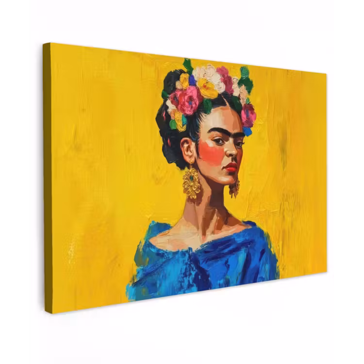 Frida Kahlo - Vrouw - Geel - Blauw - Bloemen canvas 2cm klein -z3d