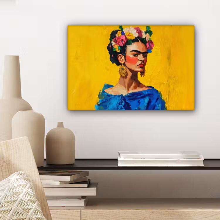 Frida Kahlo - Vrouw - Geel - Blauw - Bloemen canvas 2cm klein -sfeer4
